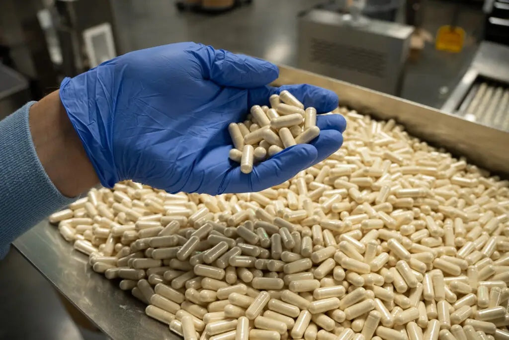 A gloved production specialist visually examining finished capsules