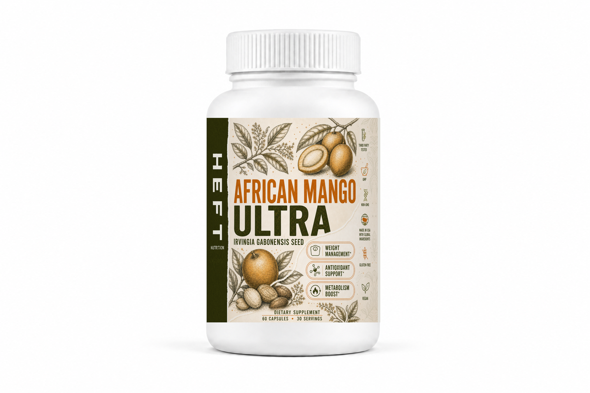 HEFT Nutrition African Mango Ultra dietary supplement bottle, front view on white