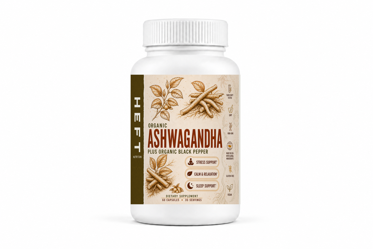 HEFT Nutrition Ashwagandha dietary supplement bottle, front view on white
