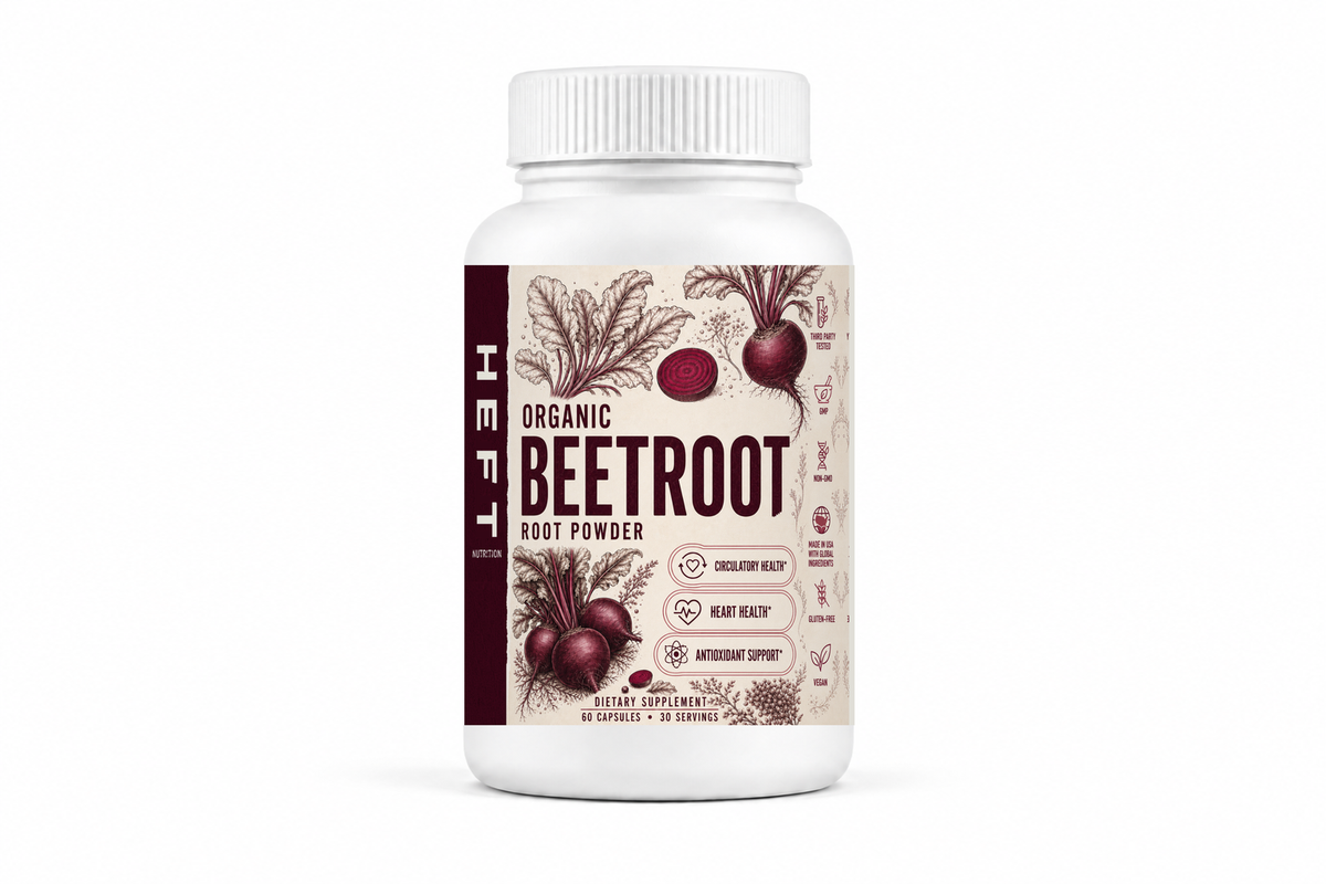 HEFT Nutrition Beetroot dietary supplement bottle, front view on white