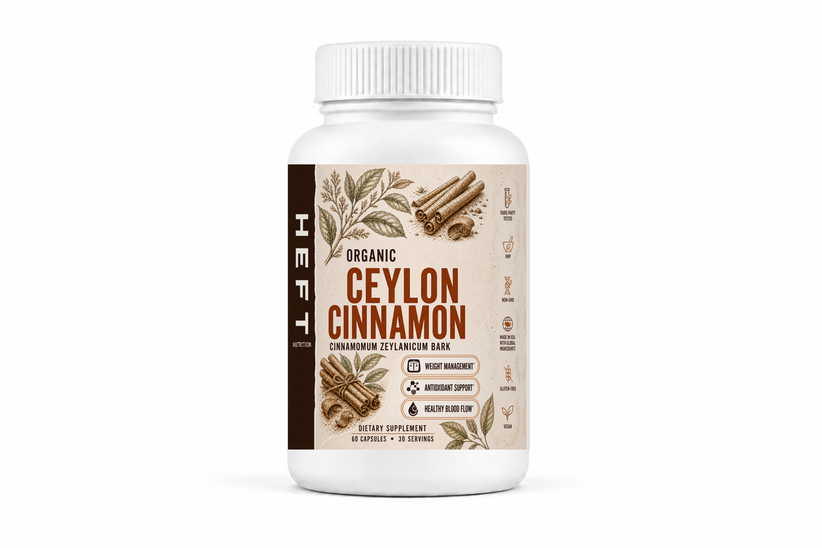HEFT Nutrition Ceylon Cinnamon dietary supplement bottle, front view on white