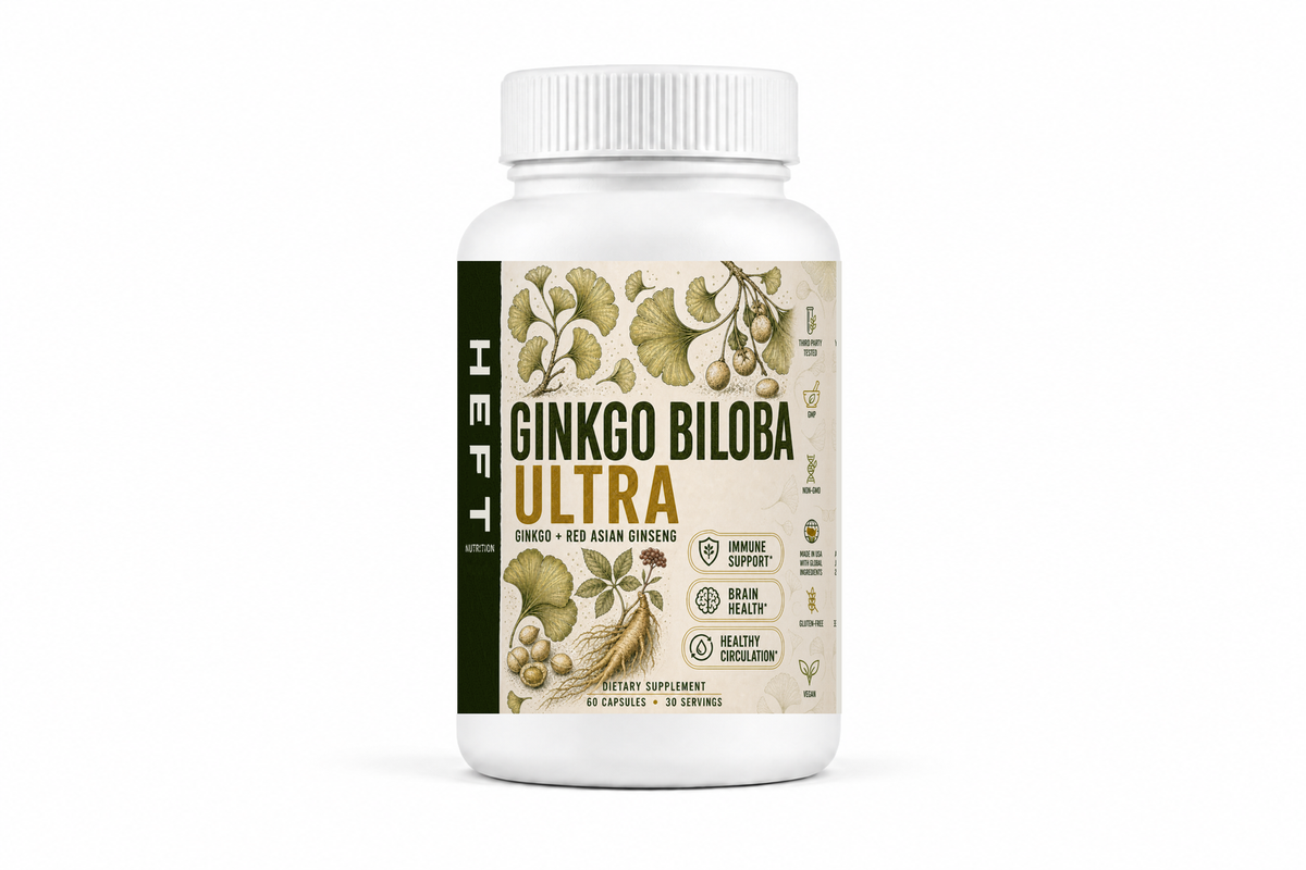 HEFT Nutrition Ginkgo Biloba Ultra dietary supplement bottle, front view on white
