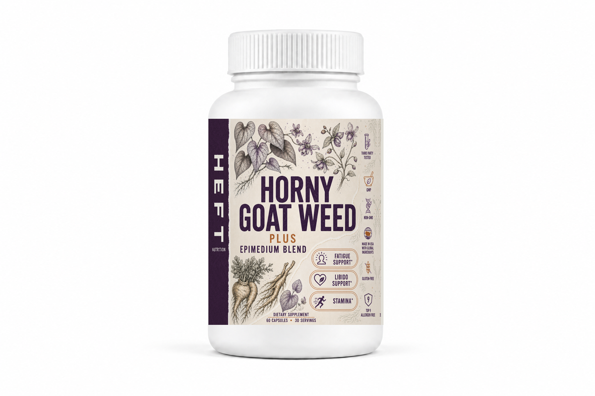 HEFT Nutrition Horny Goat Weed Plus dietary supplement bottle, front view on white