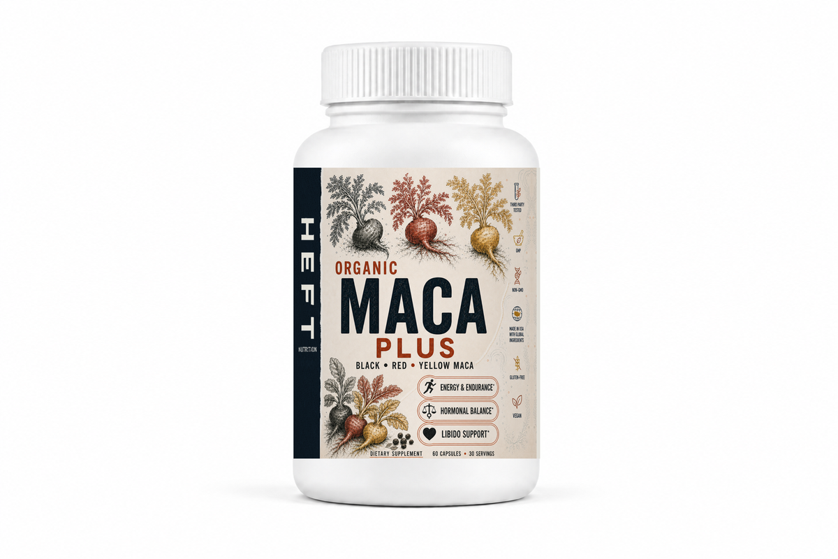 HEFT Nutrition Maca Plus dietary supplement bottle, front view on white