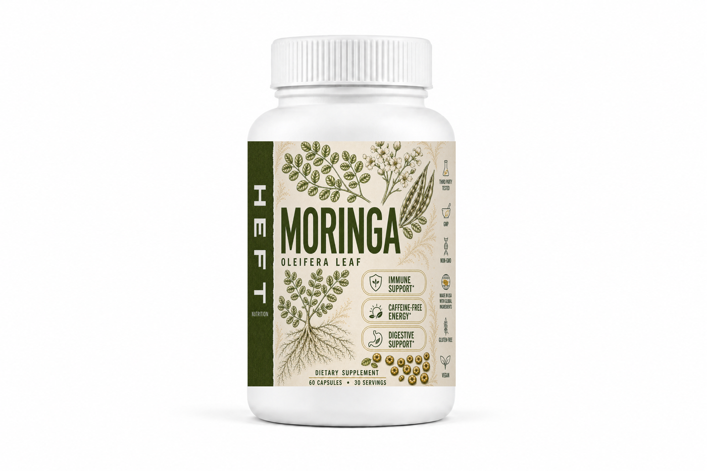 HEFT Nutrition Moringa Oleifera dietary supplement bottle, front view on white