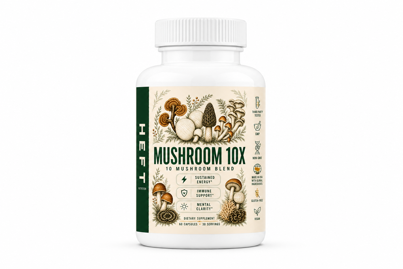 HEFT Nutrition Mushroom 10X dietary supplement bottle, front view on white