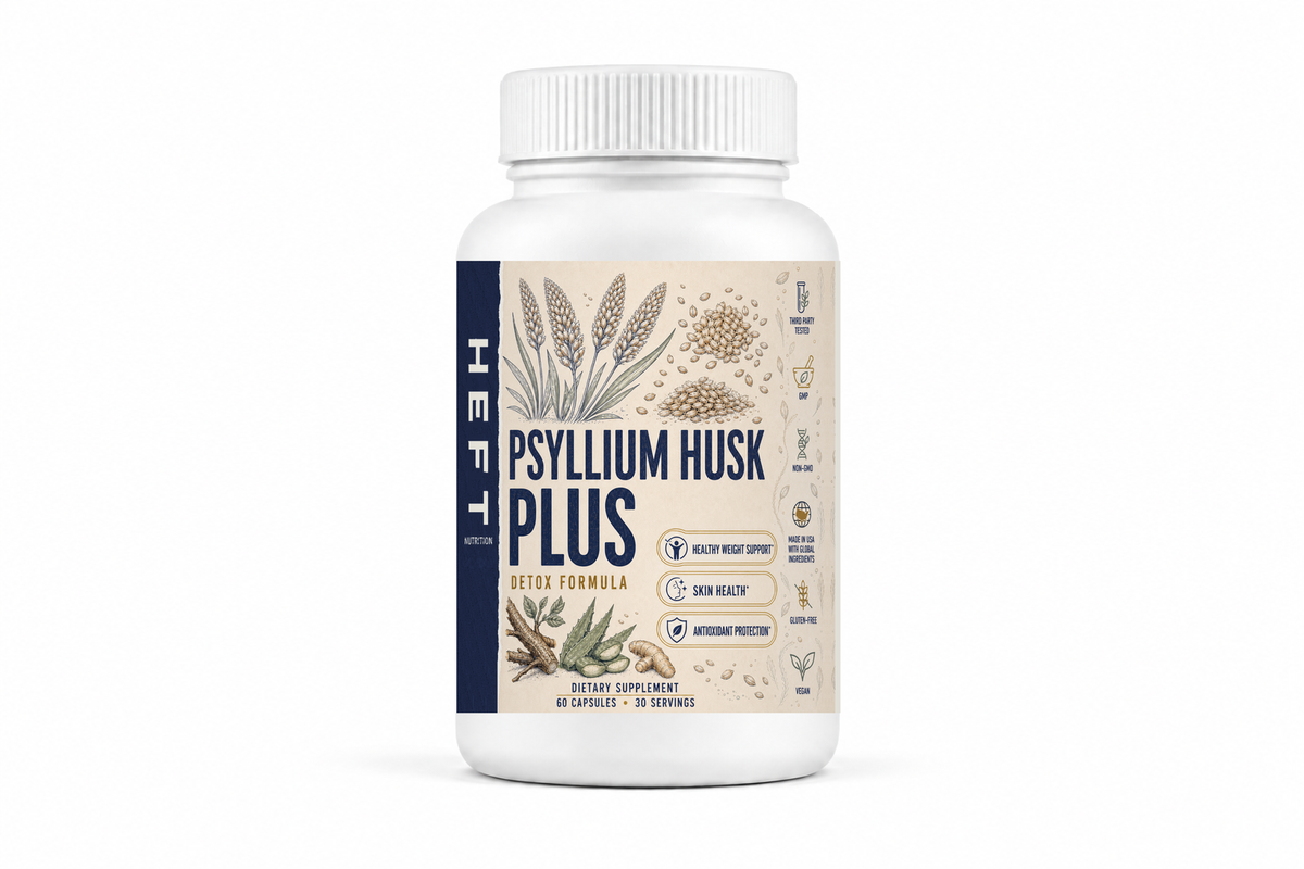 HEFT Nutrition Psyllium Husk Plus dietary supplement bottle, front view on white