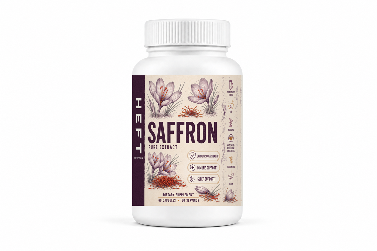 HEFT Nutrition Saffron Pure dietary supplement bottle, front view on white