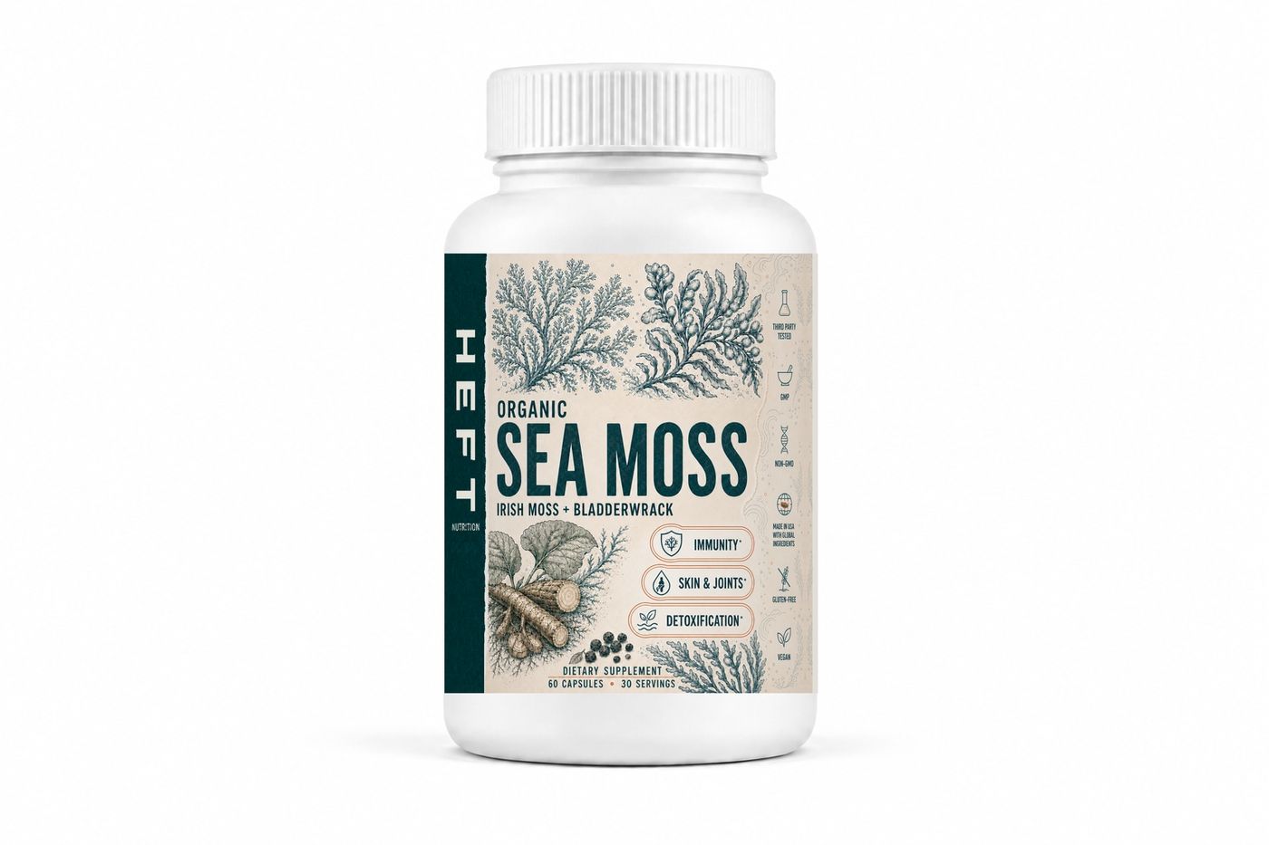 HEFT Nutrition Sea Moss dietary supplement bottle, front view on white