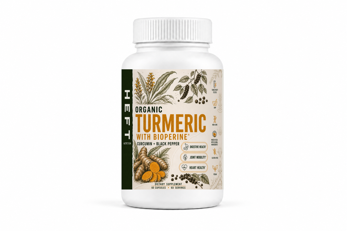 HEFT Nutrition Turmeric with BioPerine dietary supplement bottle, front view on white