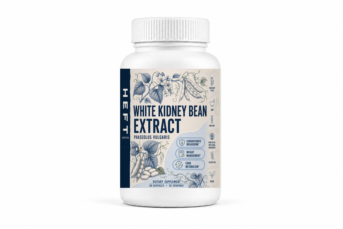 HEFT Nutrition White Kidney Bean Extract dietary supplement bottle, front view on white