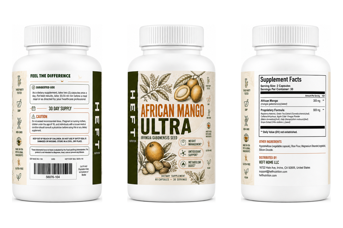 African Mango Ultra bottle shown from three label angles