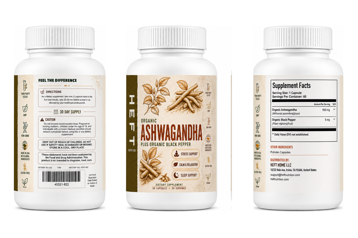 Ashwagandha bottle shown from three label angles