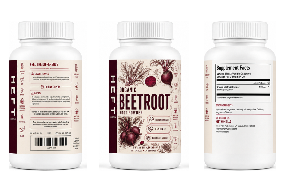 Beetroot bottle shown from three label angles