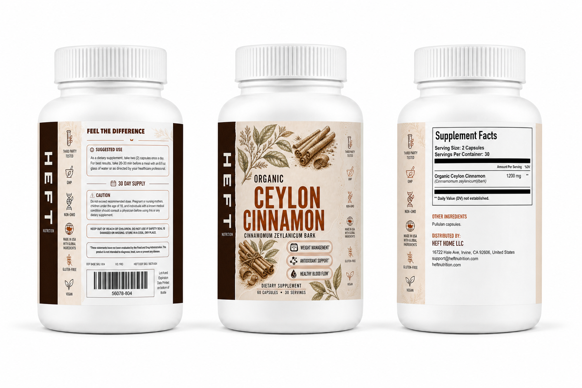 Ceylon Cinnamon bottle shown from three label angles