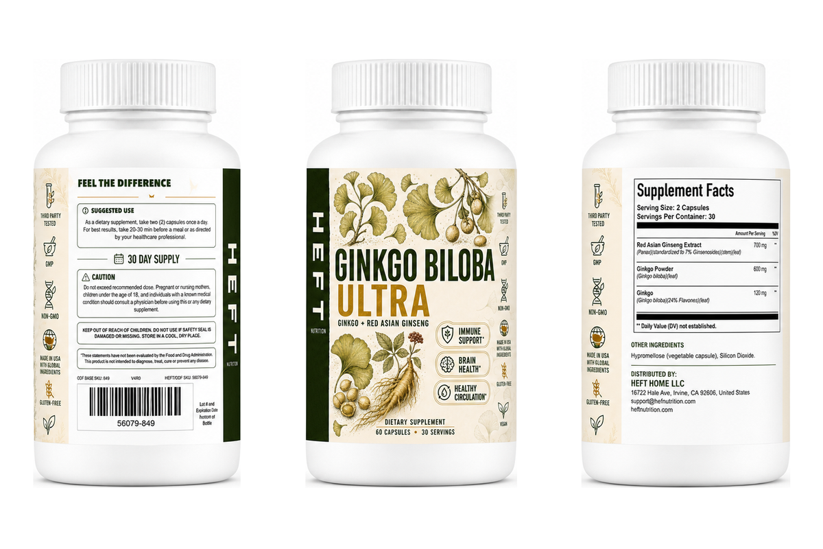 Ginkgo Biloba Ultra bottle shown from three label angles