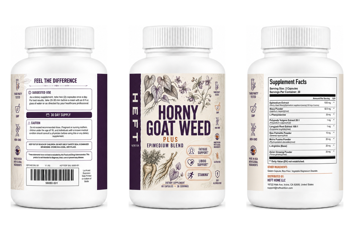 Horny Goat Weed Plus bottle shown from three label angles