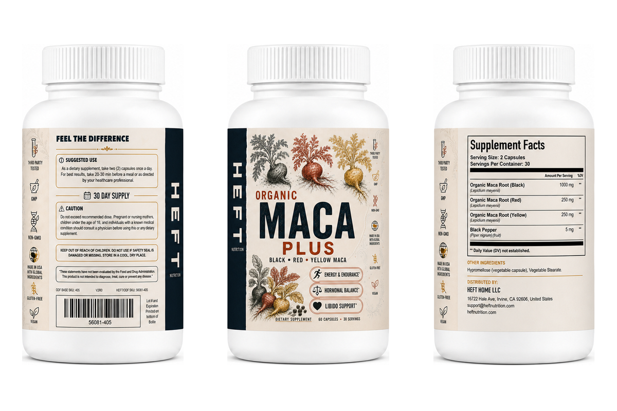 Maca Plus bottle shown from three label angles