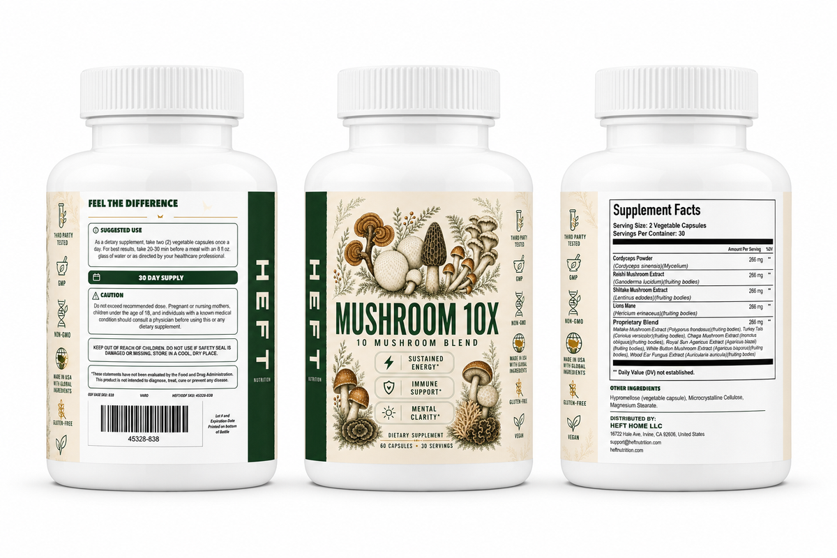 Mushroom 10X bottle shown from three label angles