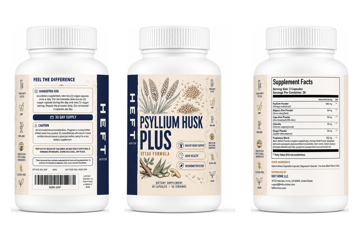 Psyllium Husk Plus bottle shown from three label angles