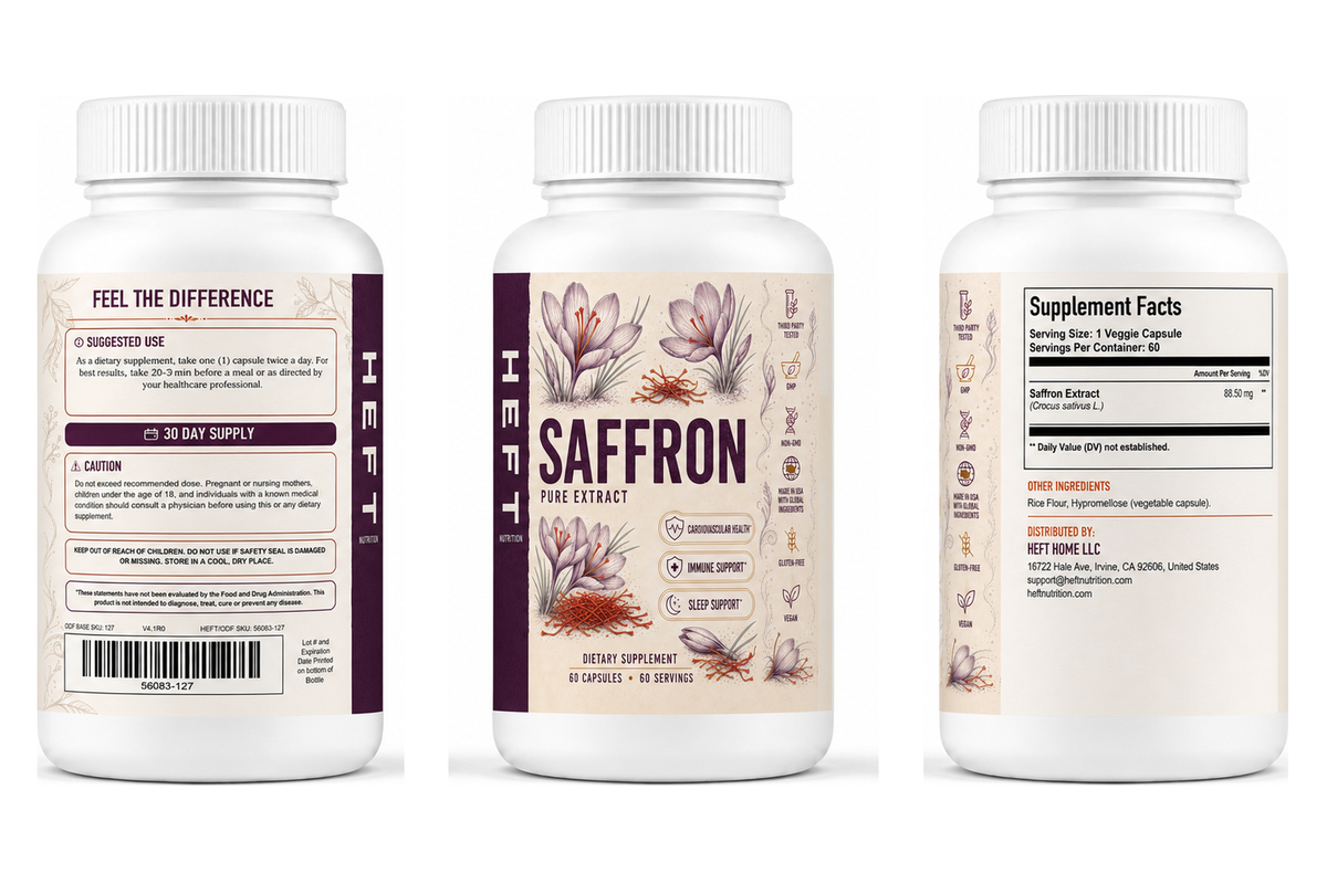 Saffron Pure bottle shown from three label angles