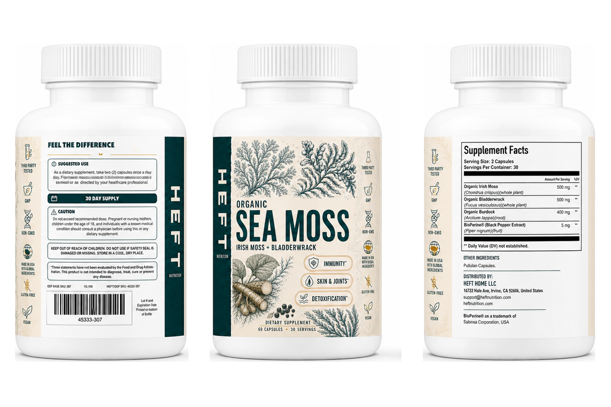 Sea Moss bottle shown from three label angles