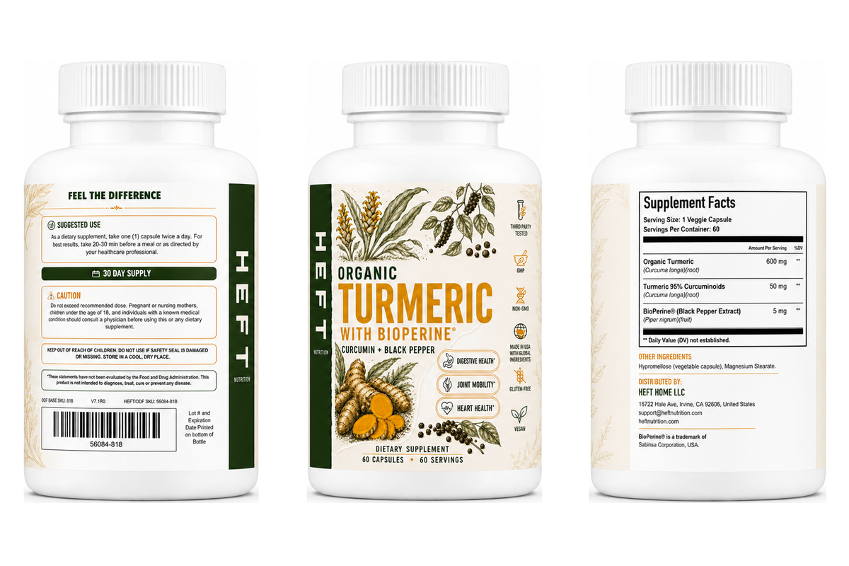 Turmeric with BioPerine bottle shown from three label angles