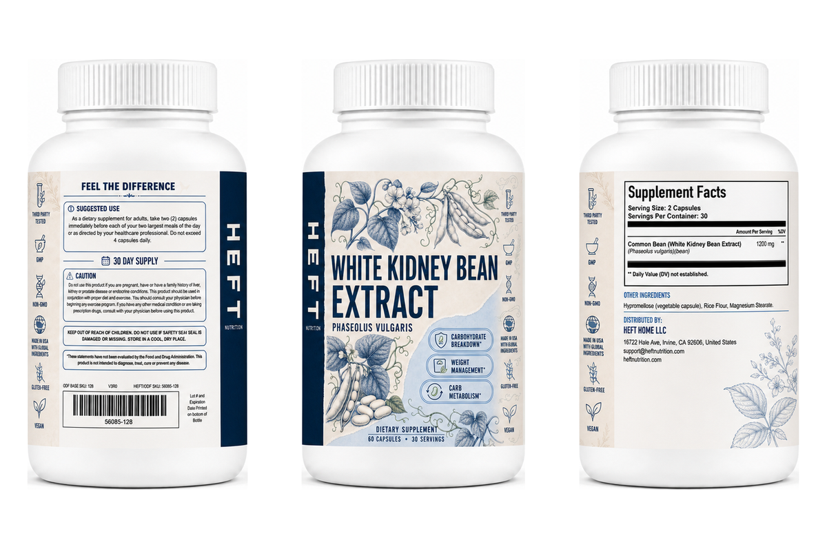 White Kidney Bean Extract bottle shown from three label angles