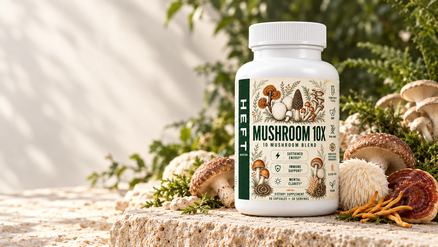 HEFT Mushroom 10X bottle in a botanical mushroom scene