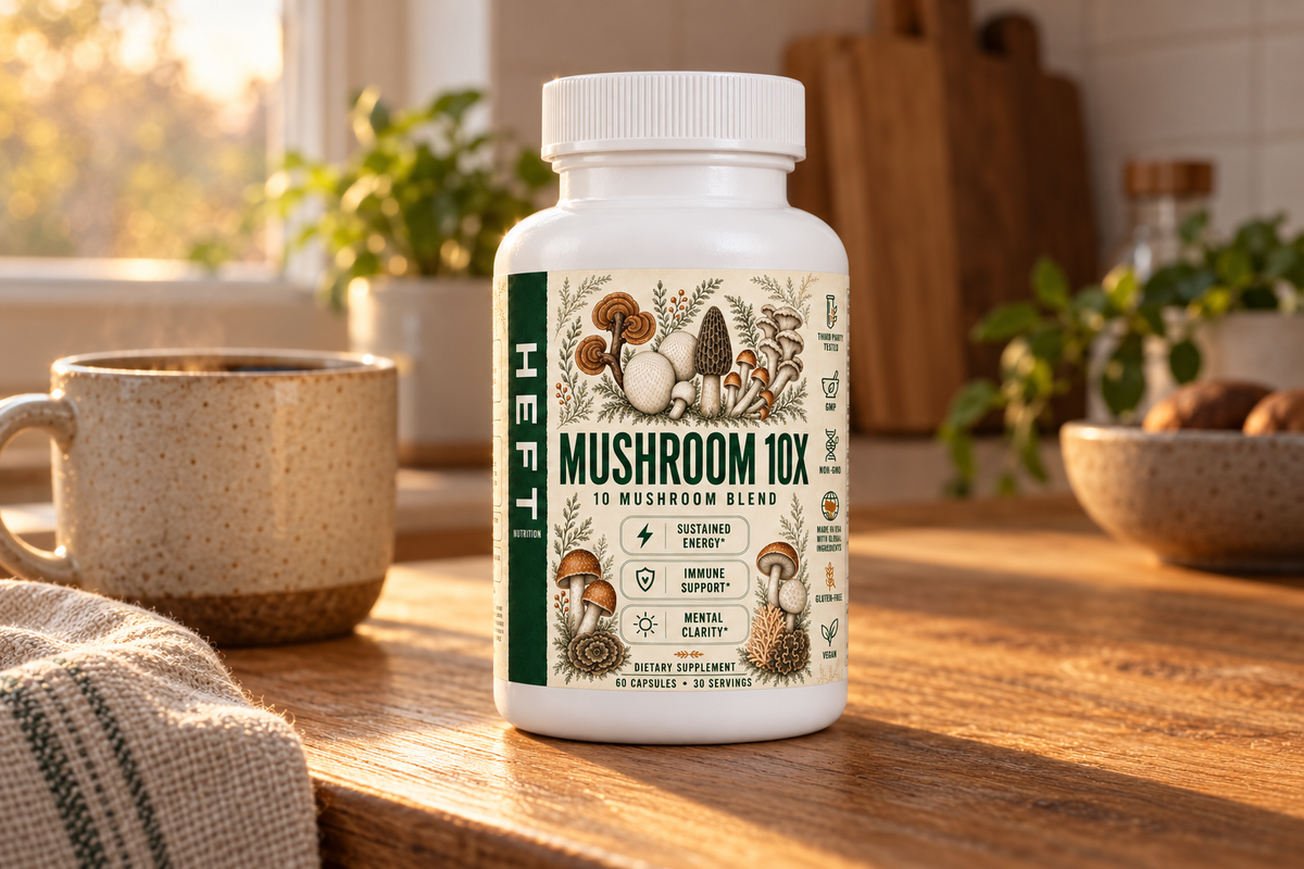 HEFT Mushroom 10X bottle on a sunlit kitchen counter