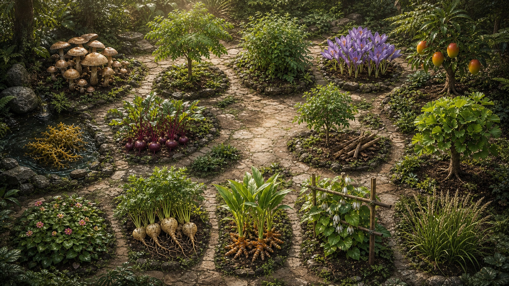 Symbolic photoreal botanical garden with fourteen ingredient-inspired planting areas