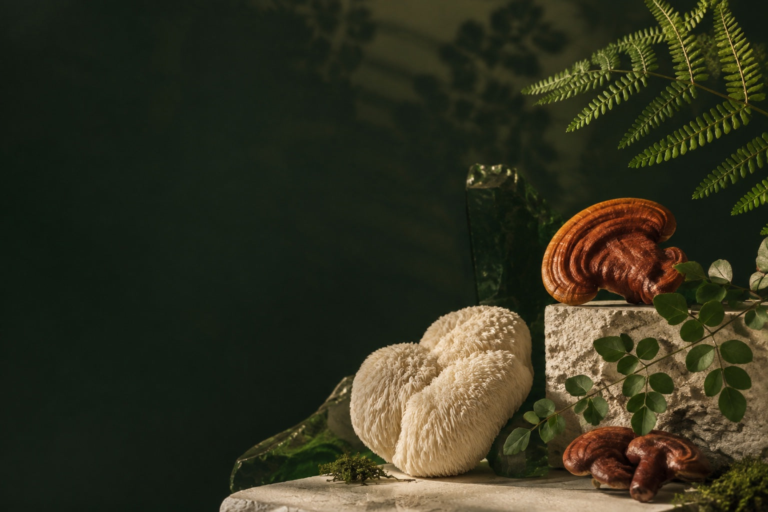 Conceptual reishi and lion’s mane mushrooms on stone with botanical foliage
