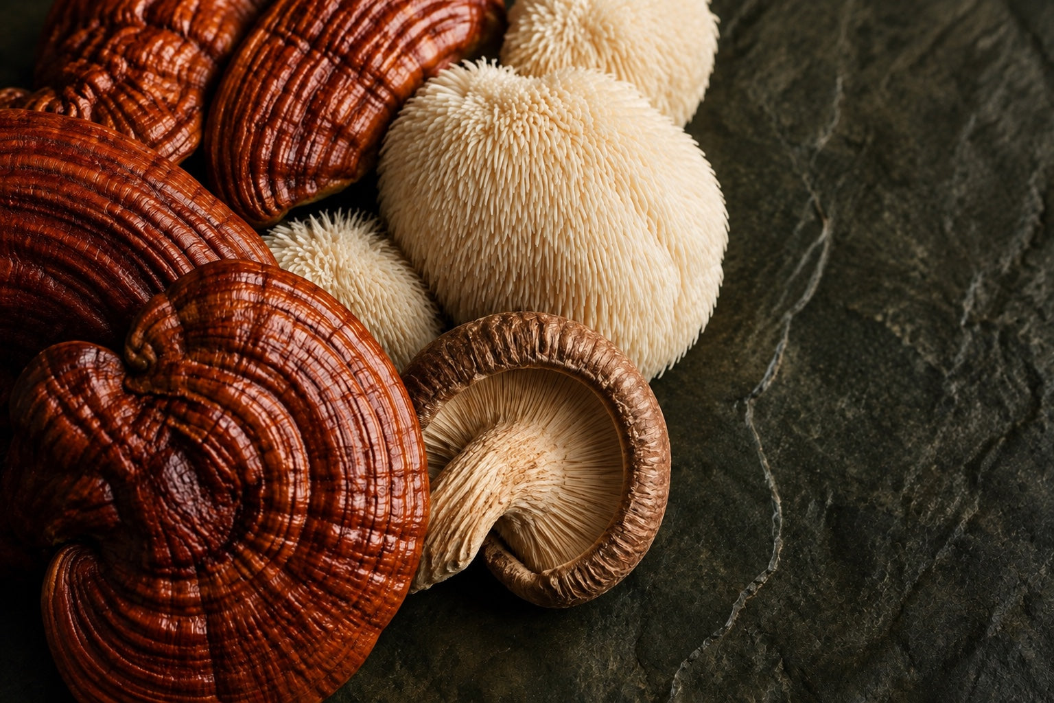 Conceptual close-up of reishi, lion’s mane and shiitake mushrooms